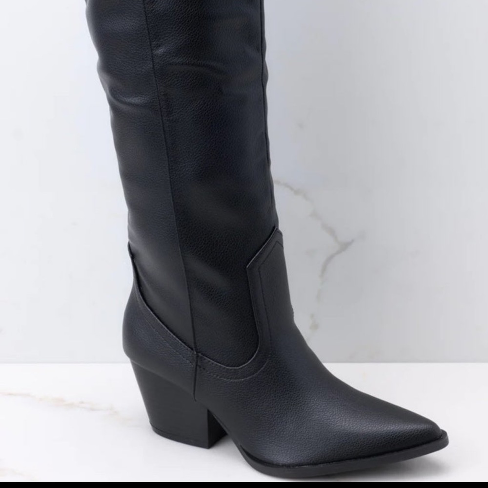 Red dress, back to my roots black pointed toe knee high boots, size 9